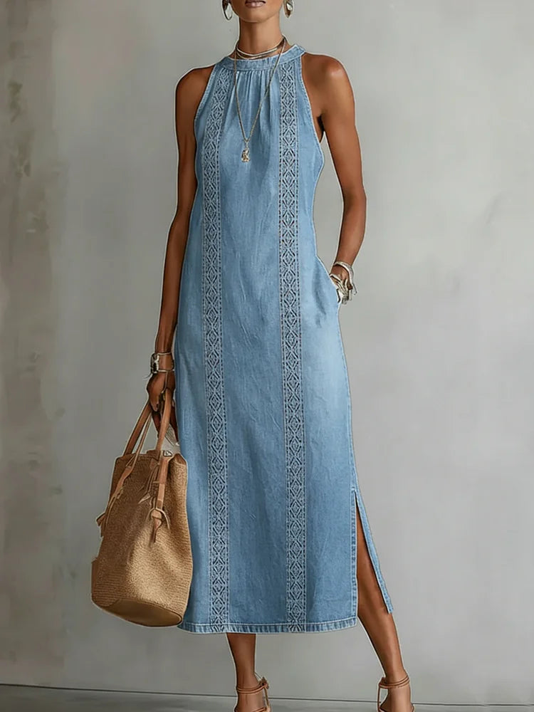 Julia | Rochie din Denim cu Detalii din Dantelă Vintage
