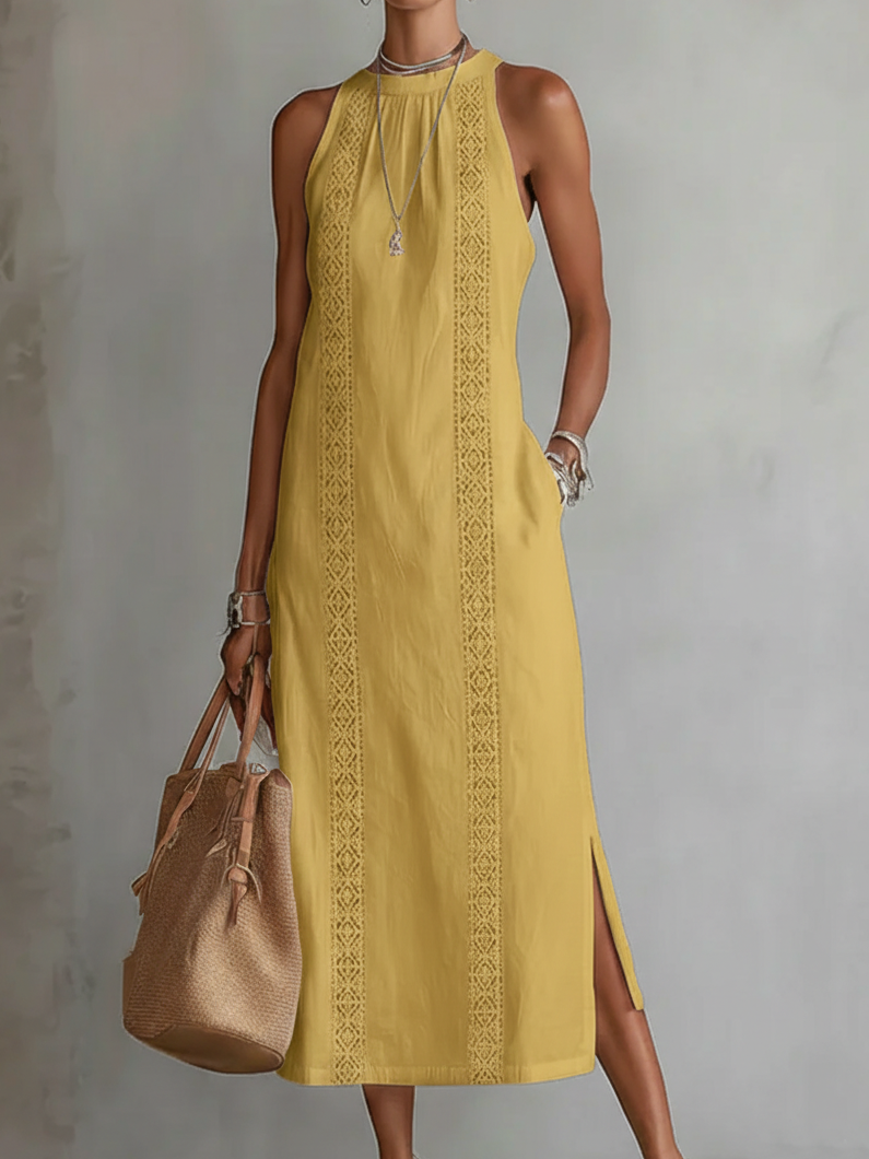Jimena - Rochie midi din in cu guler Mao