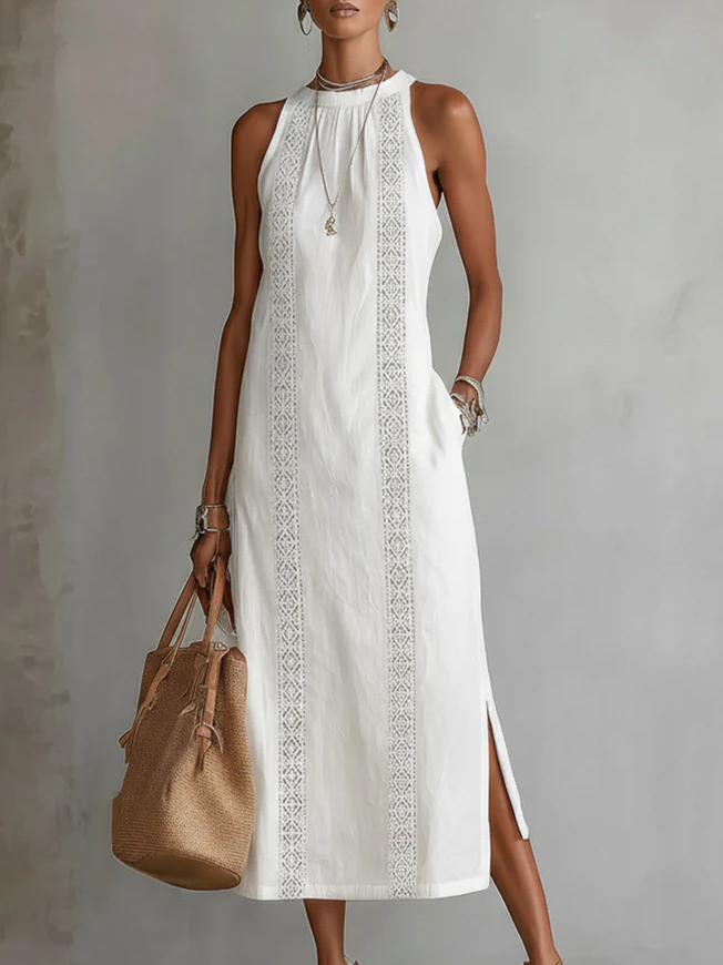 Jimena - Rochie midi din in cu guler Mao