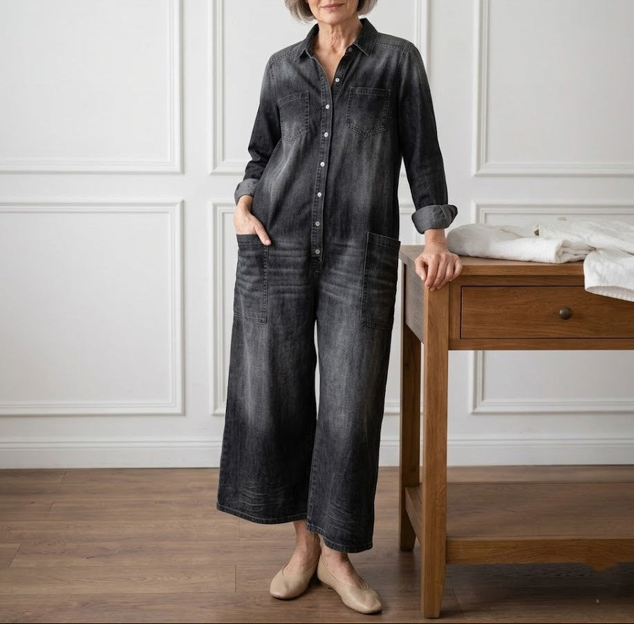 Diana | Salopetă din denim vintage din bumbac spălat cu închidere cu nasturi