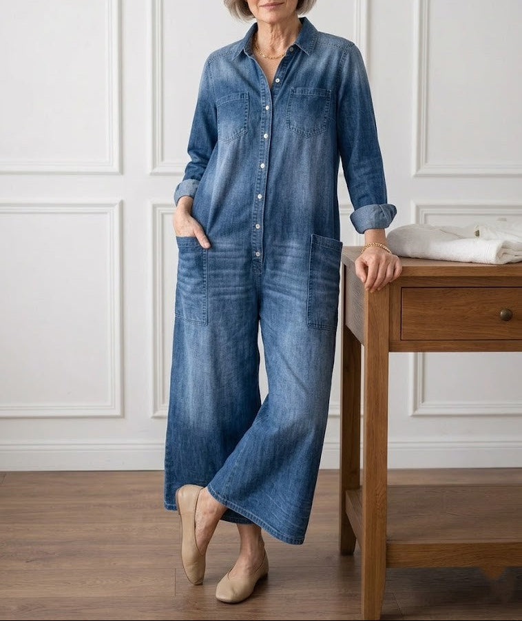 Diana | Salopetă din denim vintage din bumbac spălat cu închidere cu nasturi
